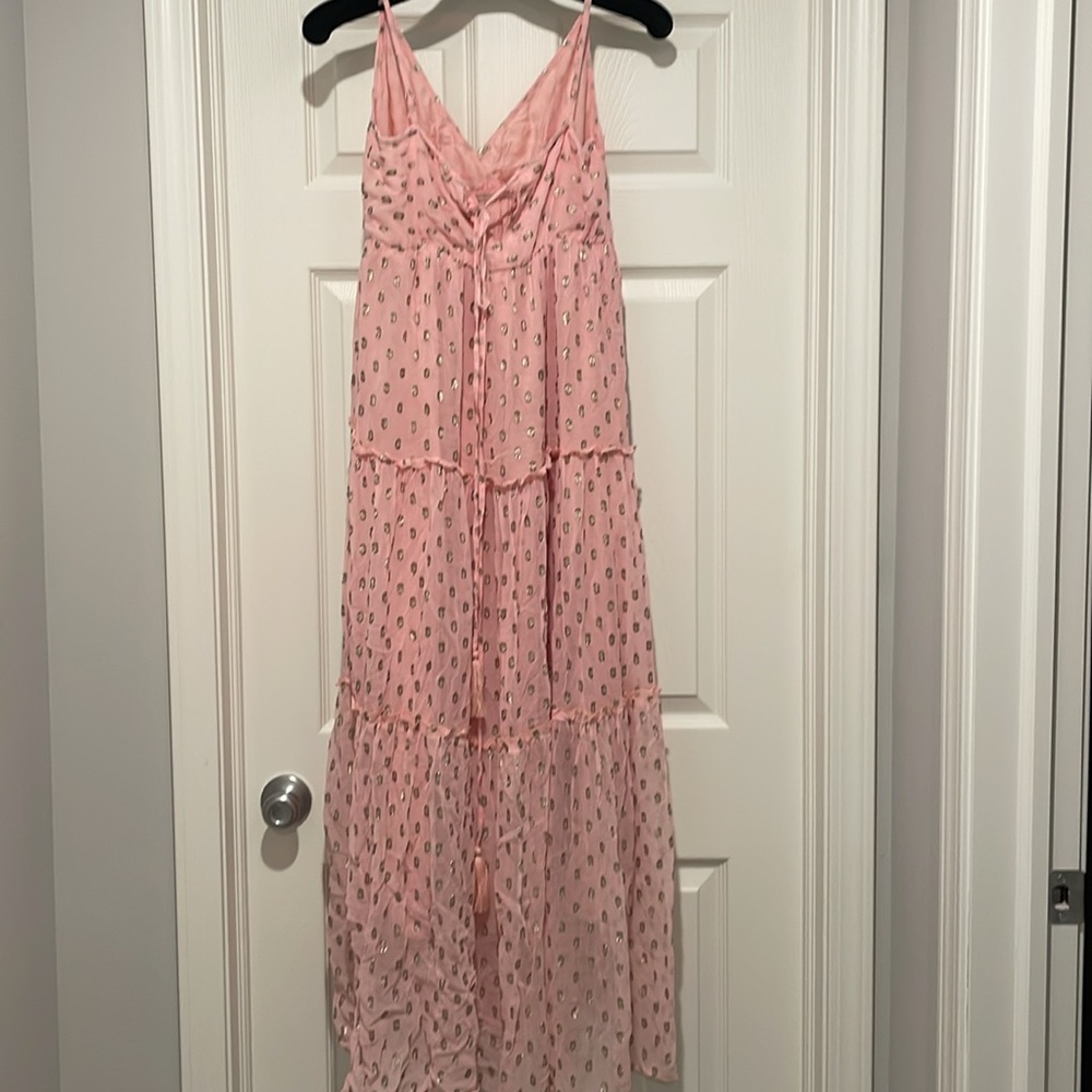 En Creme Rose Pink Gold Metallic Spaghetti Strap Tiered Maxi Dress S‎ - Picture 5 of 12